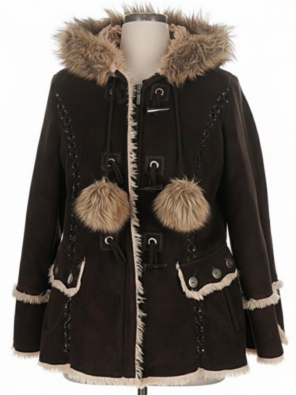 VTG Esprit Brown Faux Suede Hooded Penny Lane Toggle Coat 1X | 70s Afghan Boho